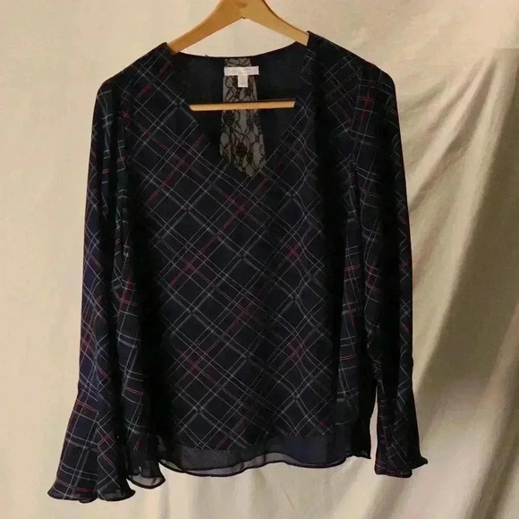 LC Lauren Conrad patterned blouse with lace back size L women flared ruffle cuff - Picture 1 of 11